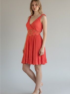 80s Greek Goddess Coral Gauze & Gold Lurex Mini Vintage Sundress | S